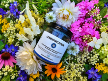 Load image into Gallery viewer, Communication botanical soy candle surrounded by farm flowers