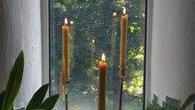 Load image into Gallery viewer, Hand-rolled beeswax taper candles burning in a sunny forest window, horizontal crop