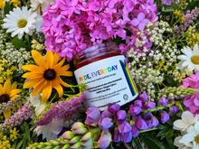 Load image into Gallery viewer, Pride, Everyday botanical soy candle surrounded by farm flowers
