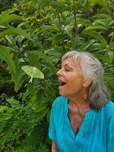 Load image into Gallery viewer, Woman admiring a luna moth among lush green plants at Wild Indigo Forest Farm