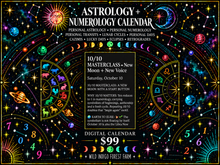 Load image into Gallery viewer, Astrology and Numerology Calendar horizontal product graphic for Wild Indigo Forest Farm
