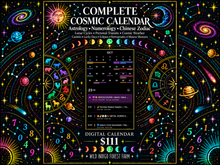 Load image into Gallery viewer, Complete Cosmic Calendar horizontal product graphic for Wild Indigo Forest Farm
