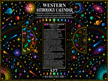 Load image into Gallery viewer, Western Astrology Calendar horizontal product graphic for Wild Indigo Forest Farm